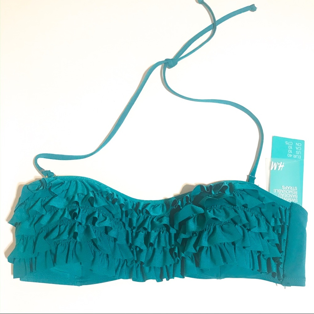 🌸4 for $20 H&M Ruffle Bandeau Teal Swimsuit Bikini Top NWT
